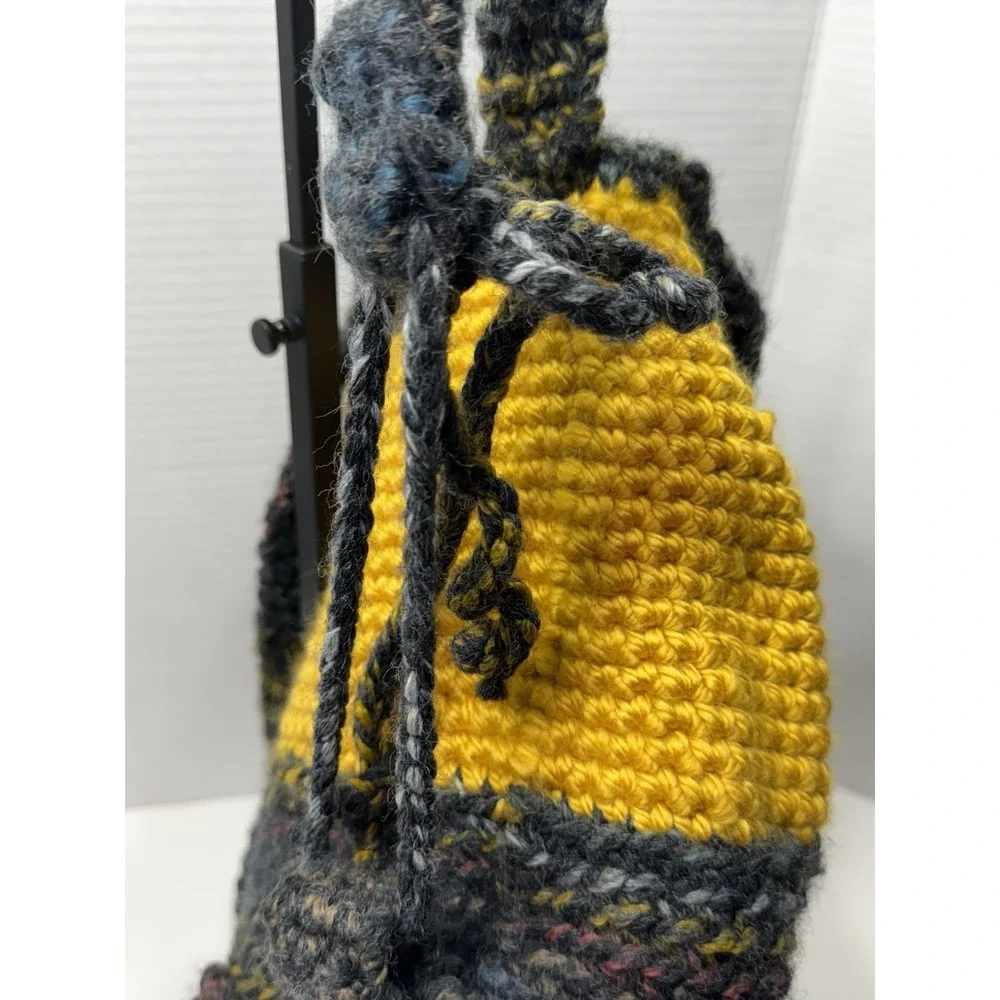 UNIQUE‎ Crochet Backpack W/hair Ties 70s Festival Hippie Blue-Yellow Boho Bag